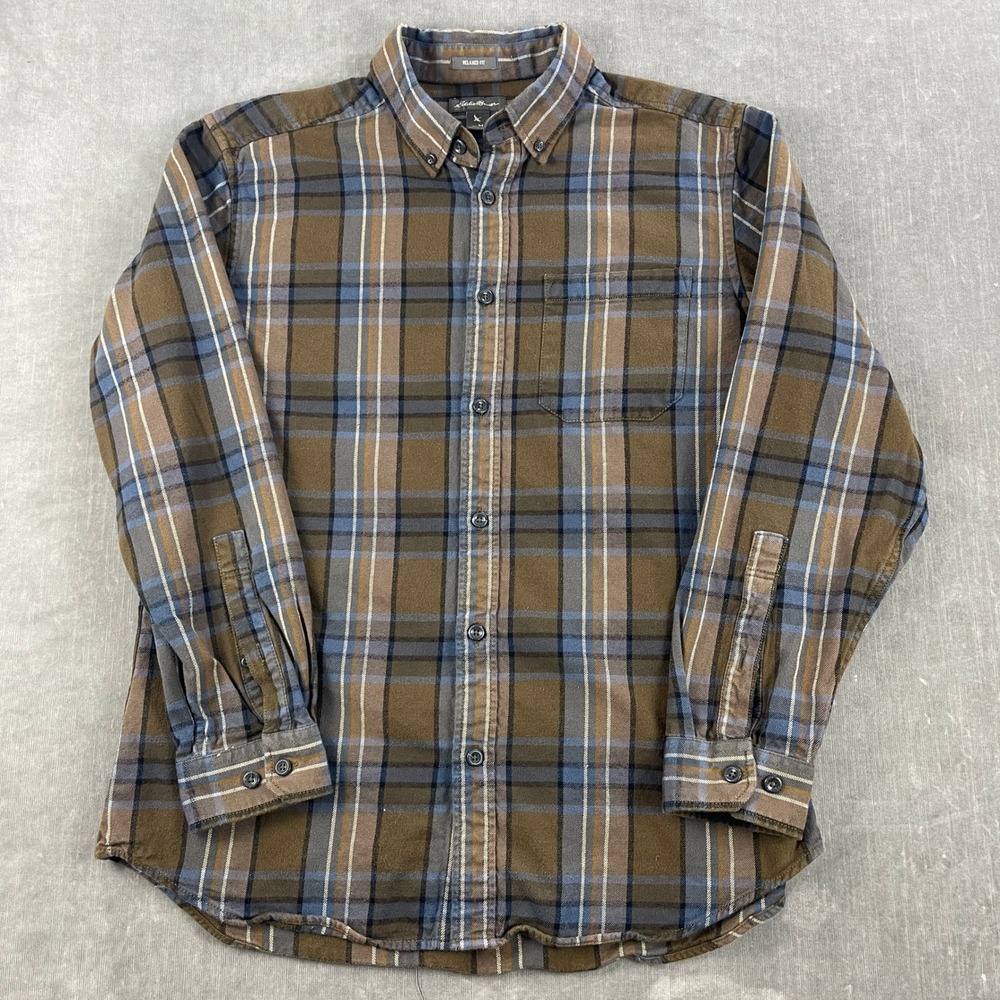 Eddie Bauer Men Medium Brown Plaid Flannel Button Down Shirt Relaxed Fit
